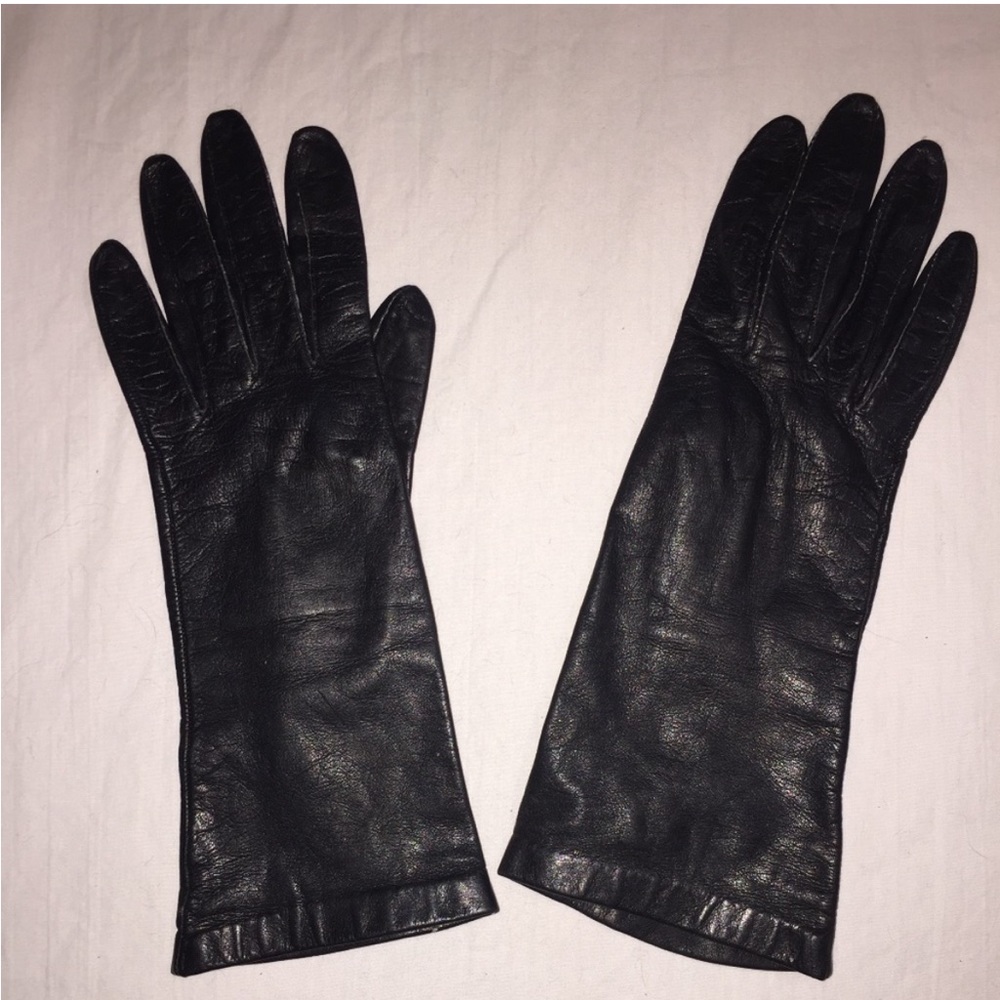 Vintage Long Black Genuine leather Driving Gloves Sz Small 6.5